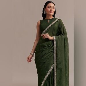 Mehendi Green Crushed Tissue Saree With Embellished Border
